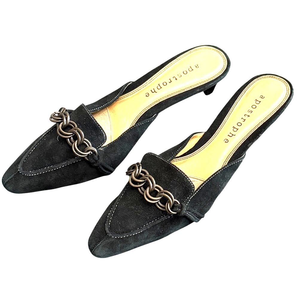 Apostrophe Black Leather Chain Mule Heels Sz 7 Y2K Academia Minimalist